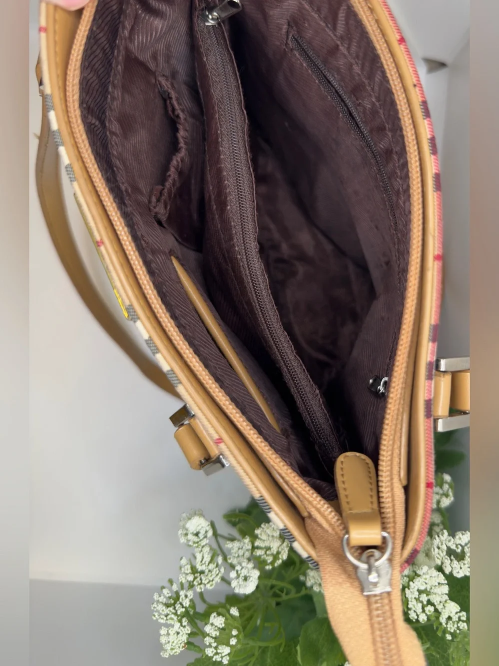 Fashion Check Pattern Faux Leather Tan Tote Bag Purse